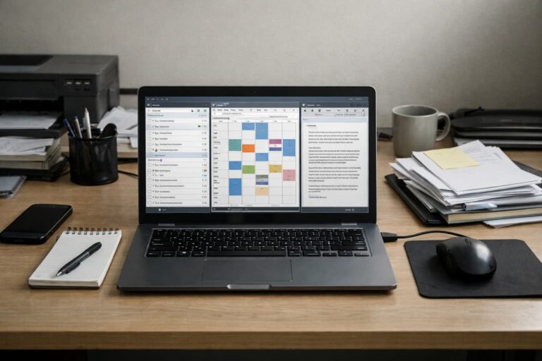 productivity tools for remote work on a laptop workspace