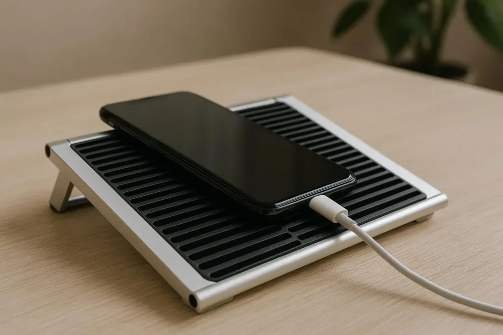 Smartphone charging on a ventilated stand placed on a desk.