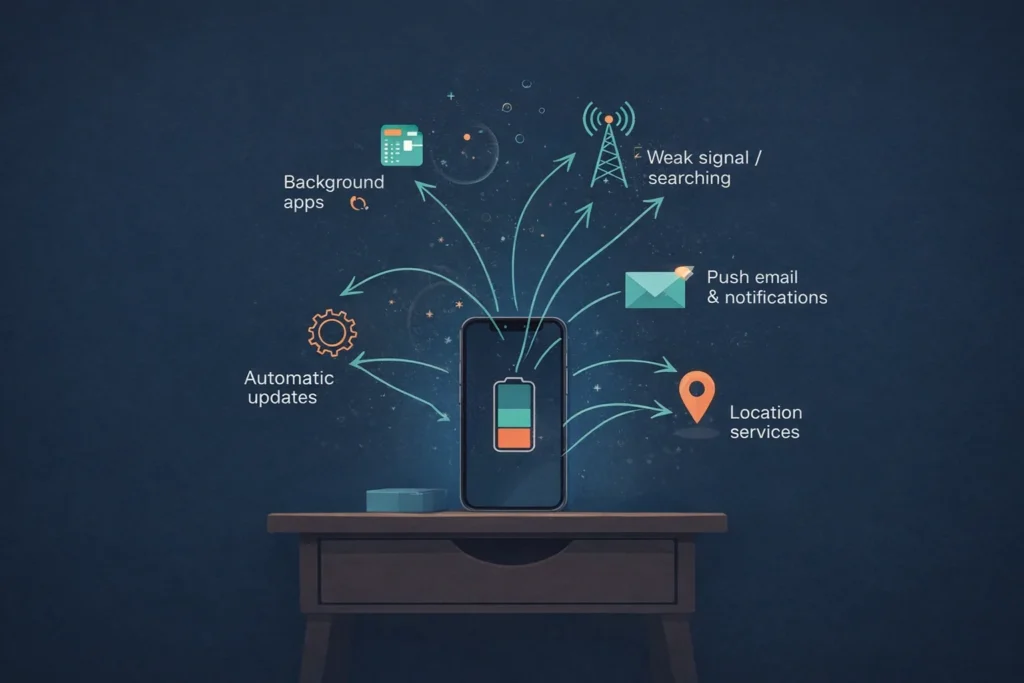 A smartphone showing battery drain caused by background apps, poor signal, location services, and automatic updates during overnight idle time