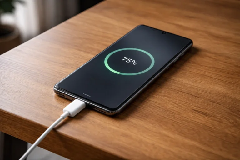 Smartphone charging on a desk while phones charge slowly even with a fast charger