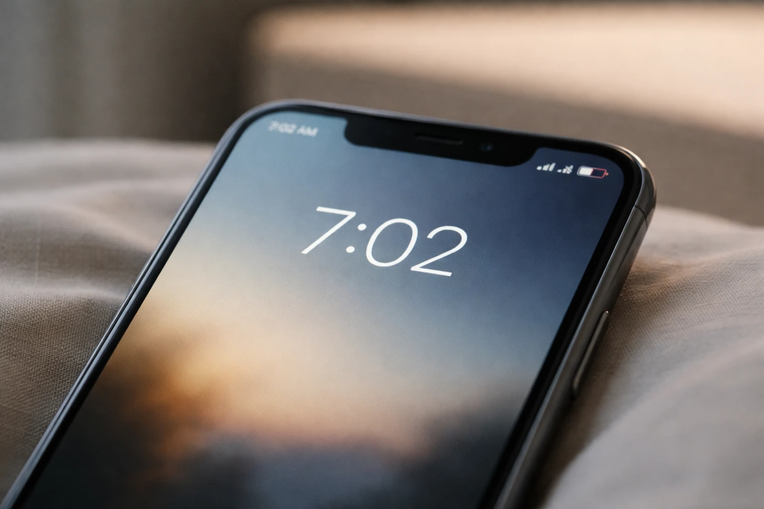Why phone battery drains overnight, showing a smartphone lock screen in the morning with low battery level