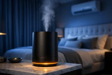 Premium bedside humidifier releasing soft mist in a modern bedroom at night
