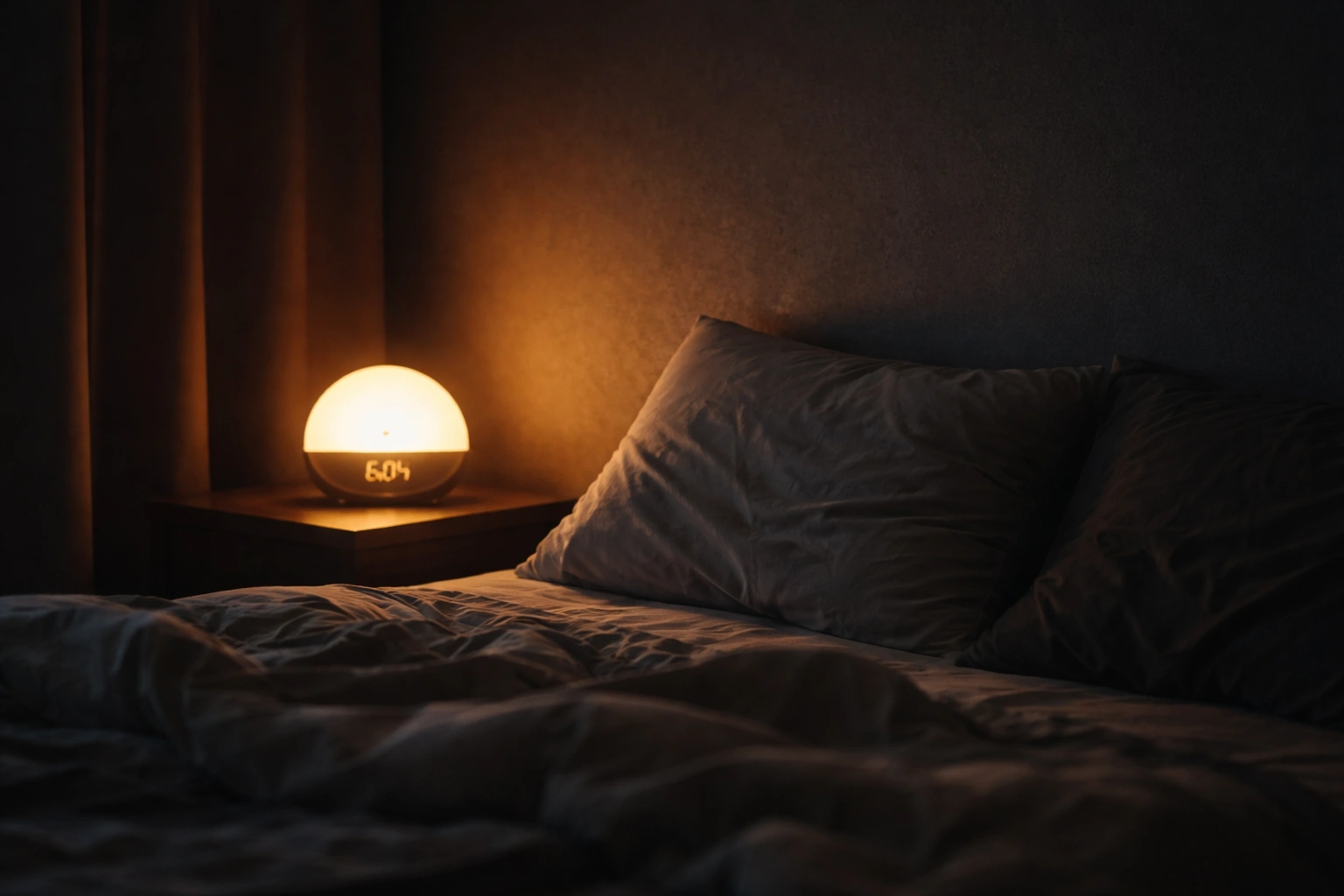 Sunrise alarm clock glowing in a dark bedroom before morning wake-up time