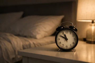 Analog alarm clock placed on a bedside table at night, an underrated bedside gadget that keeps the phone away before sleep