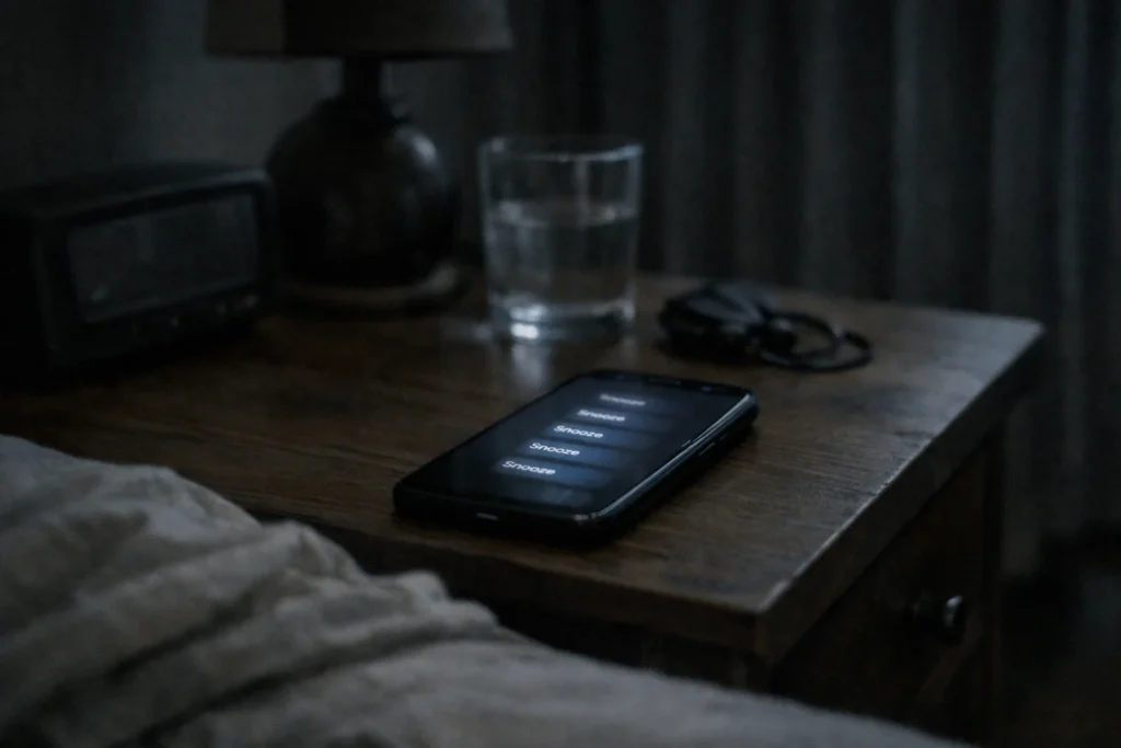 Smartphone on bedside table showing repeated snooze alarms in a dark bedroom.