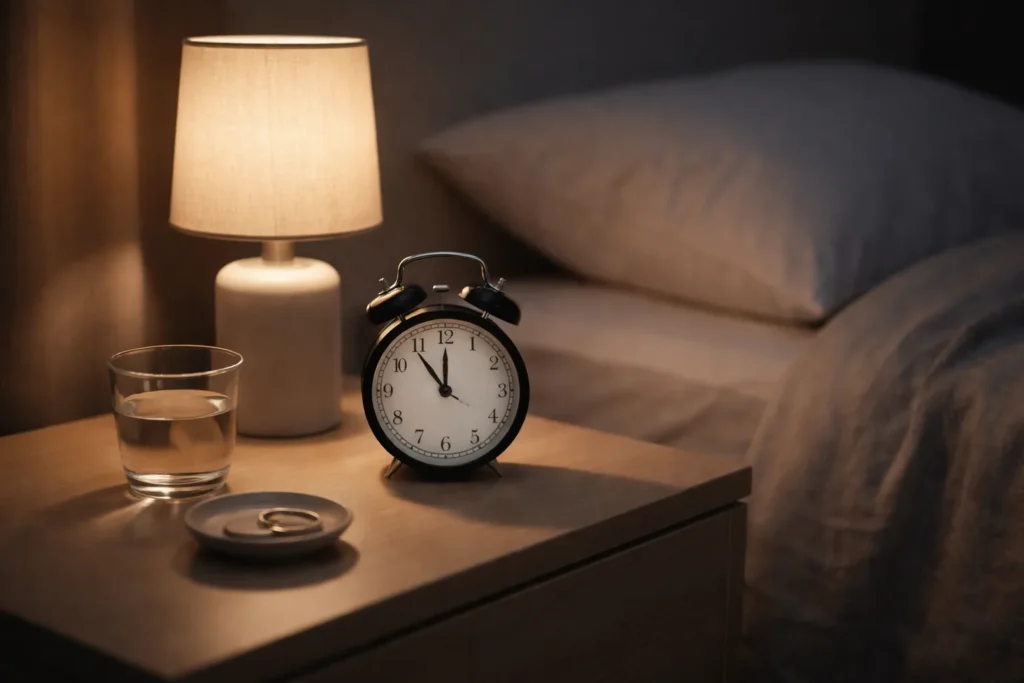 Analog alarm clock on a bedside table with a warm lamp at night, a simple gadget that keeps the phone away before sleep