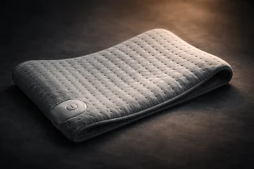 Electric heating pad shown alone with a soft cinematic background, highlighting its texture, shape, and everyday comfort use.
