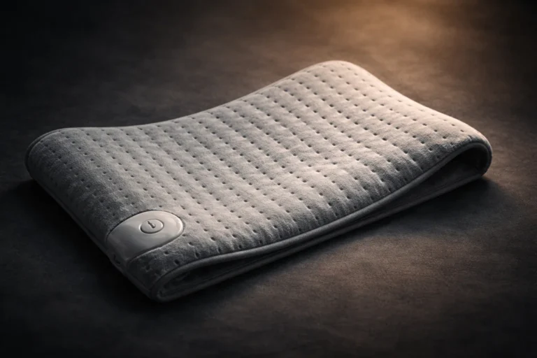 Electric heating pad shown alone with a soft cinematic background, highlighting its texture, shape, and everyday comfort use.