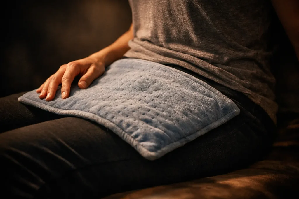 Electric heating pad placed on the abdomen during rest, showing gentle warmth as part of a personal comfort routine.