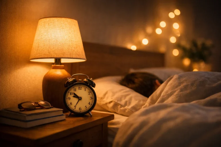 Warm light bedside lamp used before sleep to create a calm night routine