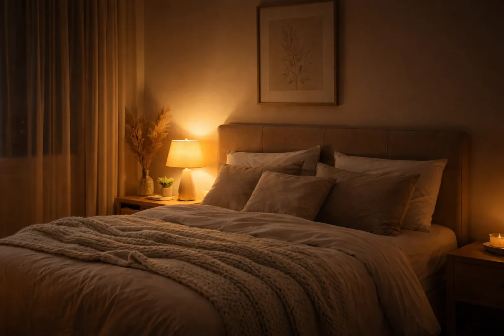 Warm light bedside lamp creating a calm sleep environment at night