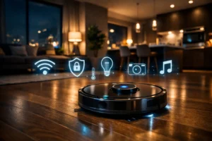 robot vacuum smart home gadget maintaining clean floors and improving automated home living efficiency