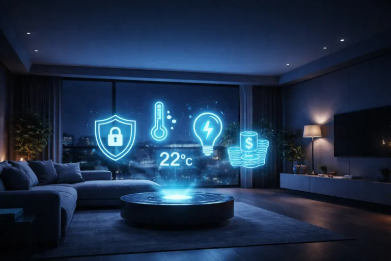 futuristic smart home gadgets interface showing energy savings, security and automated modern living