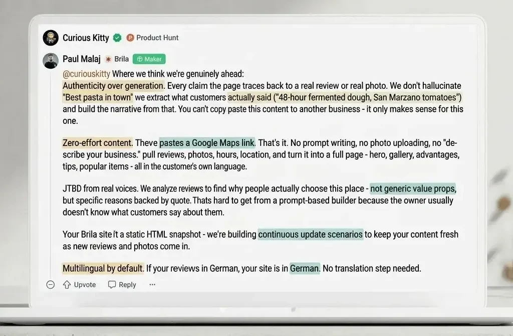 Brila AI Maker Paul Malaj explaining authenticity over generation in a Product Hunt discussion thread about AI website building.
