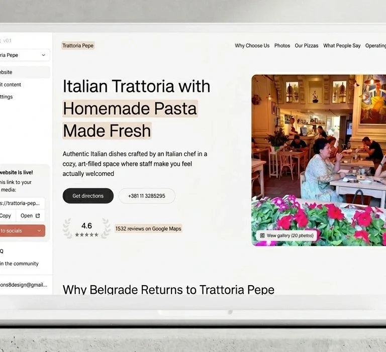 Professional laptop display showing Brila AI interface for building websites from Google reviews.