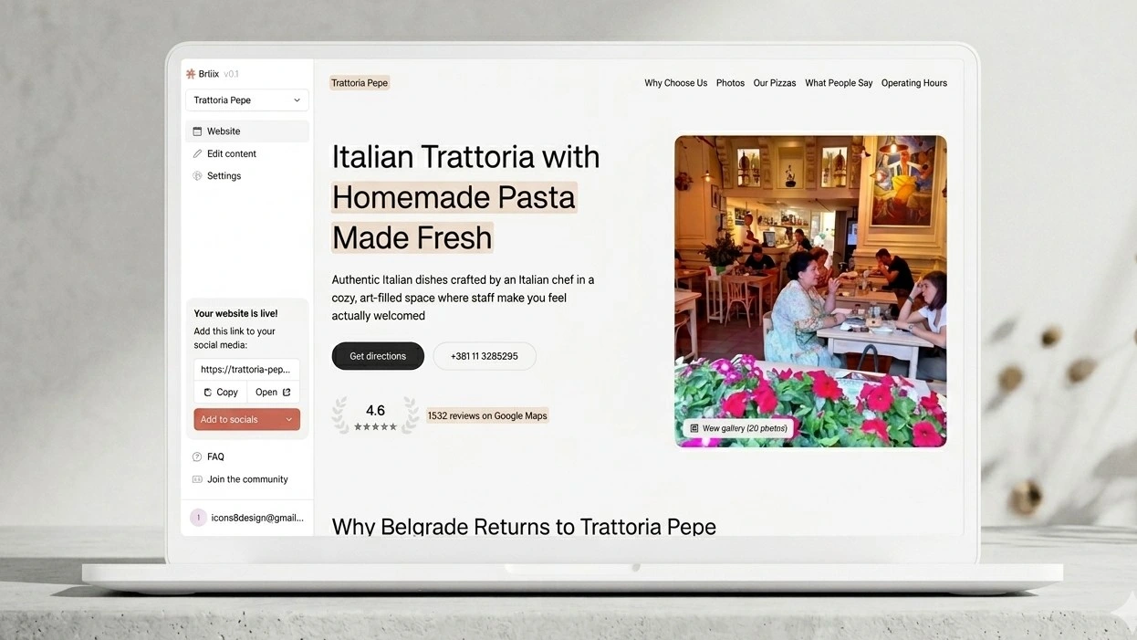 Professional laptop display showing Brila AI interface for building websites from Google reviews.