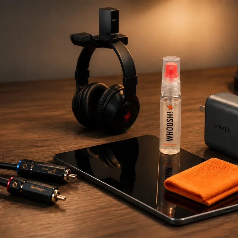 5 essential desk setup gadgets under $30 featuring Anker charger, Whoosh cleaner, and cable management tools on a wooden desk.