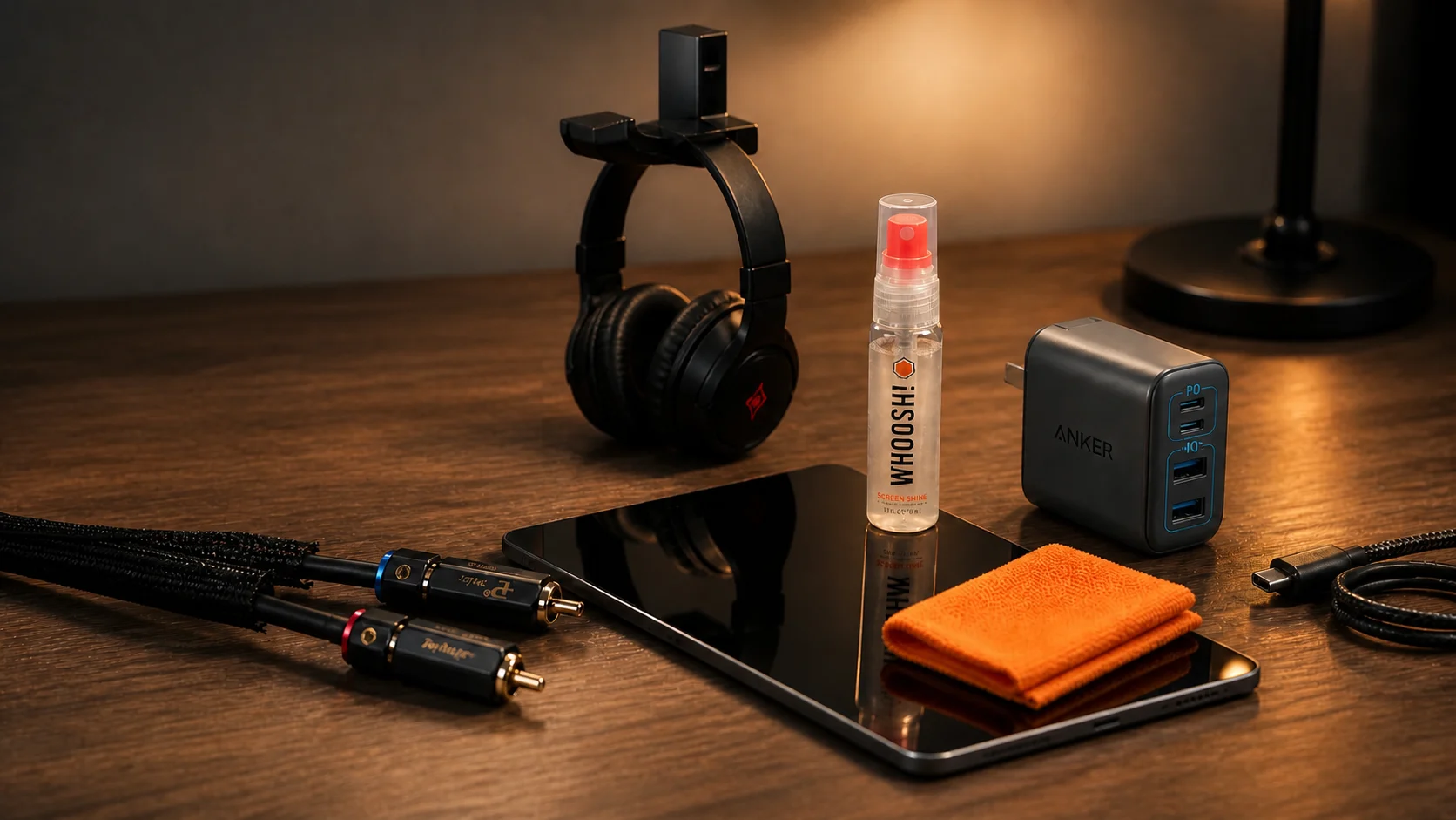 5 essential desk setup gadgets under $30 featuring Anker charger, Whoosh cleaner, and cable management tools on a wooden desk.