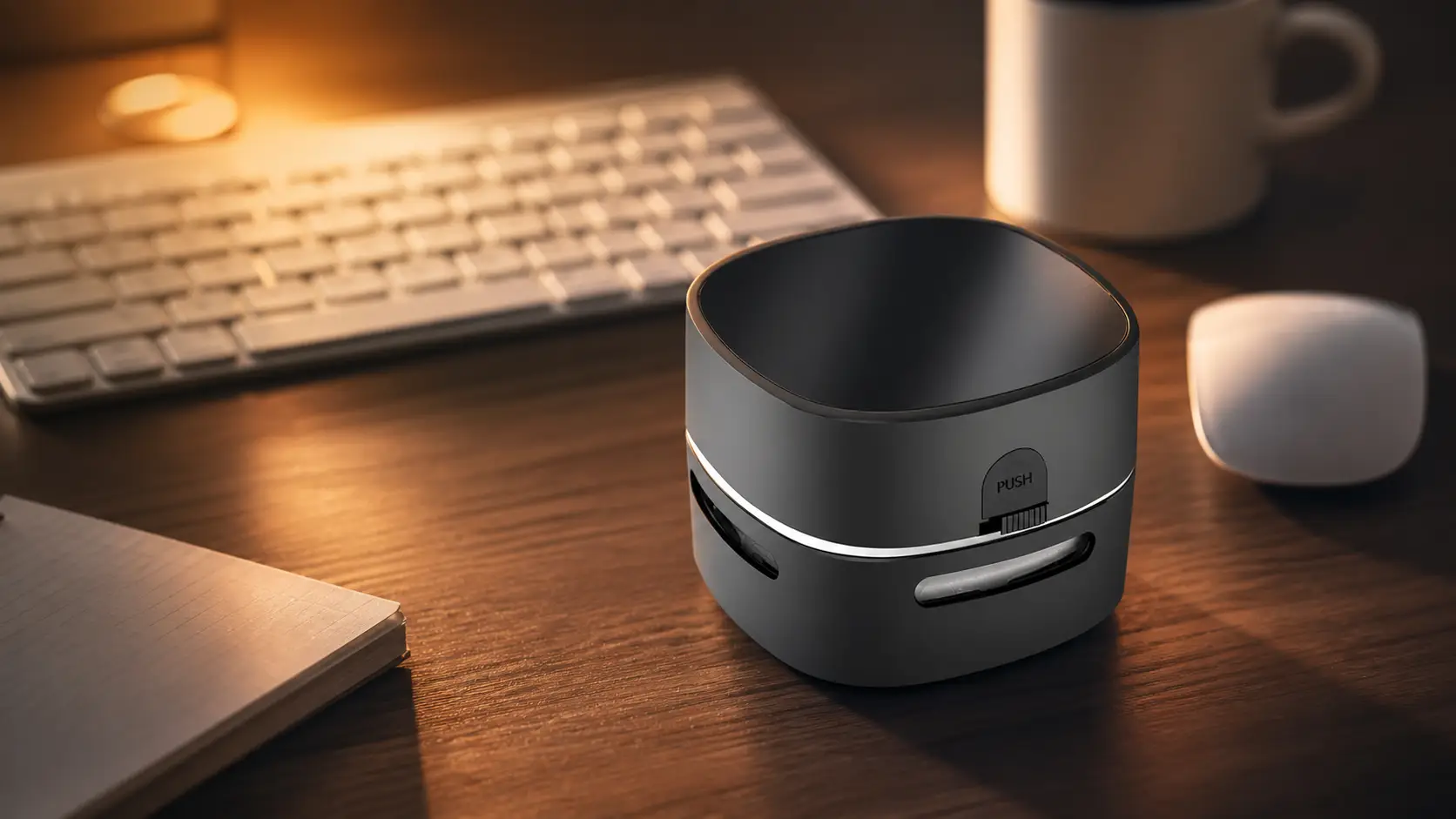 ODISTAR desktop vacuum cleaner picking up dust from a keyboard.